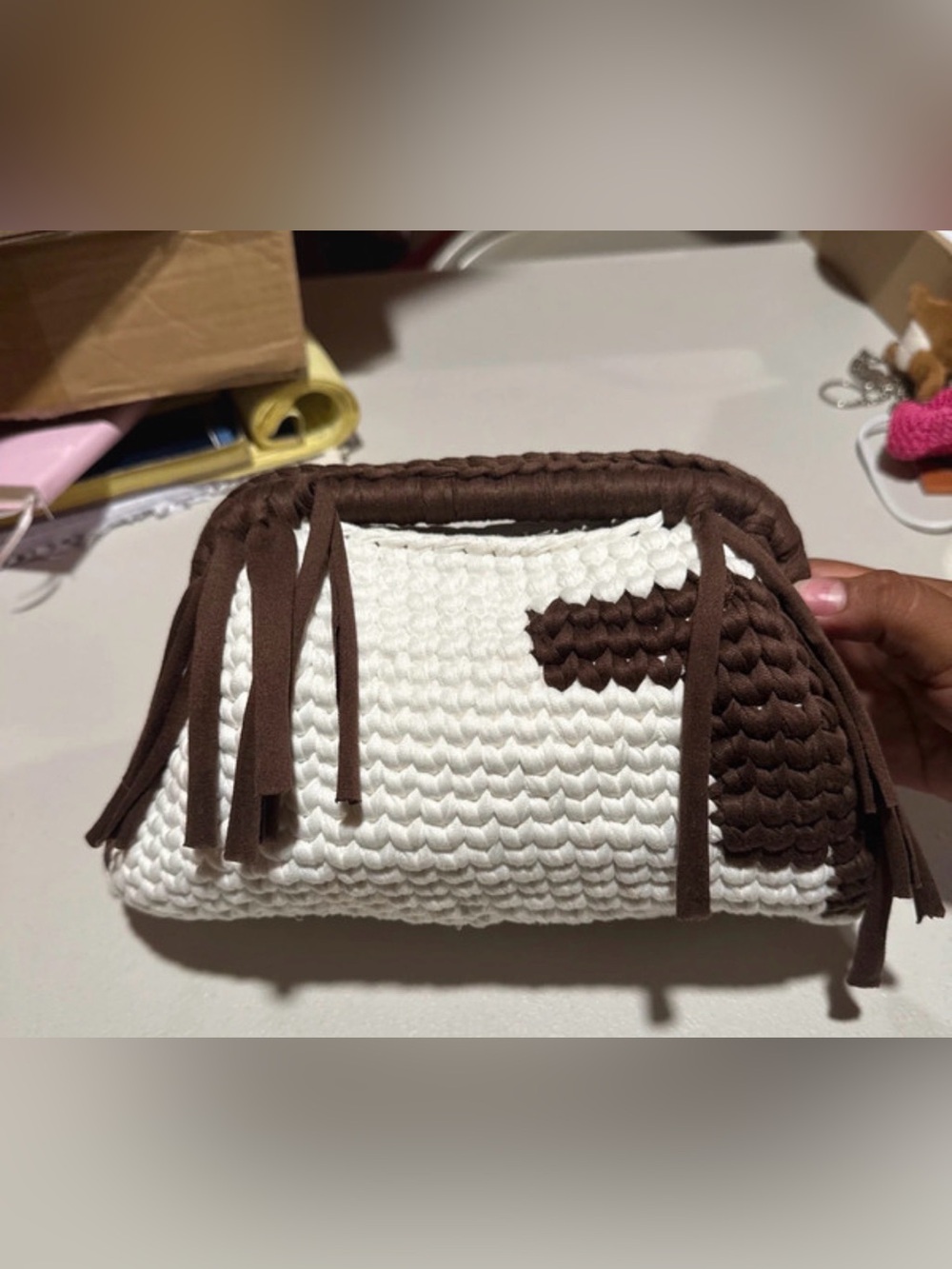 Woven Crochet Fringe Clutch - White & Brown